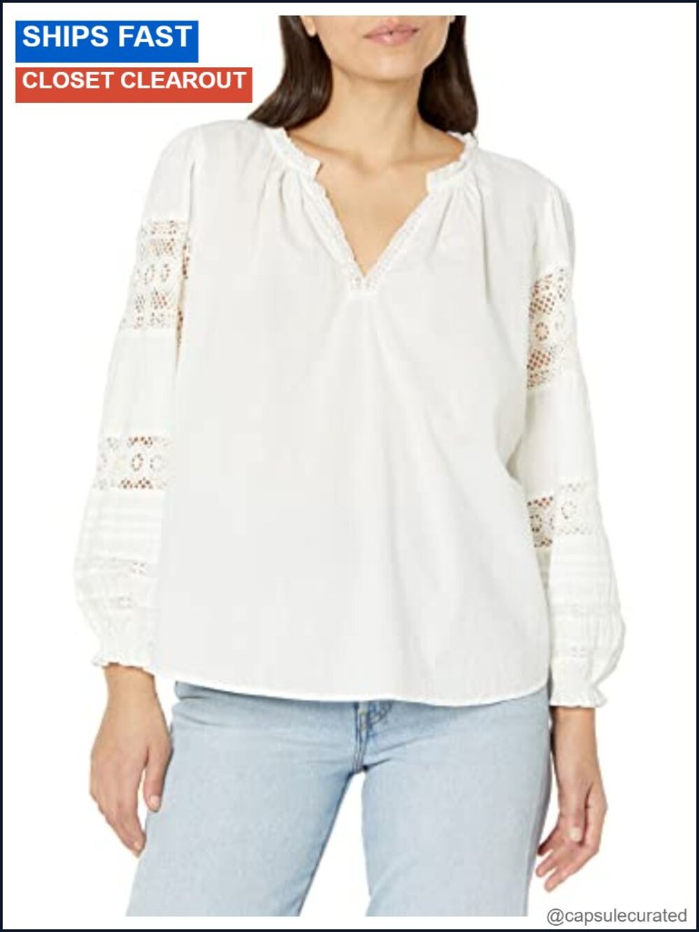 White Cotton Lace Peasant Top Long Sleeve V-Neck Tunic